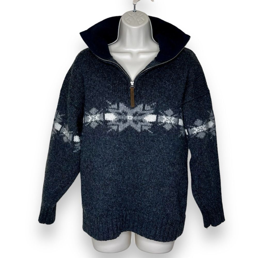 Vintage Patrol Shetland Wool Fair Isle Heather Gray 1/4 Zip Sweater Women Large